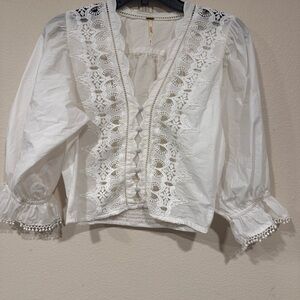 Free People White Embroidered Puff Sleeve Blouse
